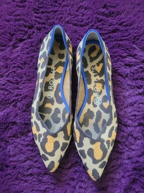 Rothy's Leopard-Print Pointed Flats in Brown, Black and Blue Trim